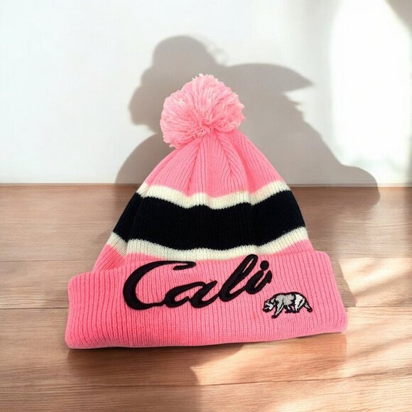 Cali Pink Pom Beanie With Black & White Stripes - Picture 1 of 3